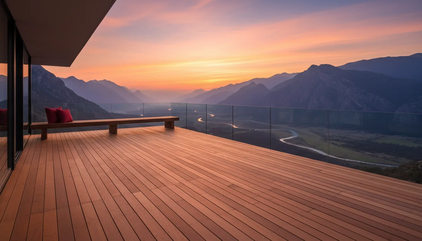 Terraza al atardecer con montañas
